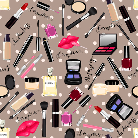 Makeup, perfume, cosmetics seamless pattern. Nail polish, mascara, lipstick, eye shadows, brush, powder, lip gloss, lips.のイラスト素材