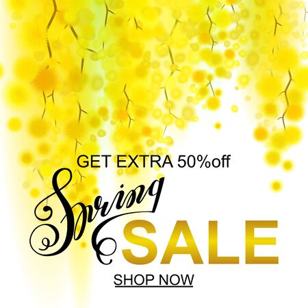 Spring Sale Banner, Poster. 50% Off. Yellow mimosa flowers illustrationのイラスト素材