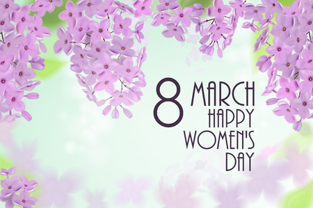 Vector 8 march card with branch of lilac. Spring background with pink and purple flowers. Vectorの写真素材