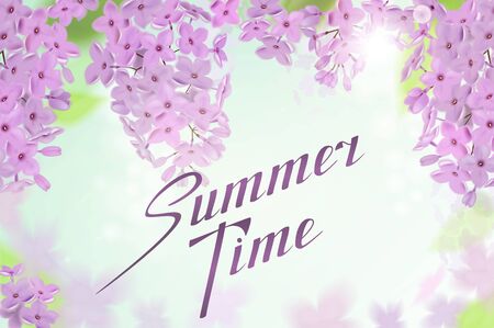 Summer background with pink and purple flowers of lilac. Lettering Summer Timeのイラスト素材