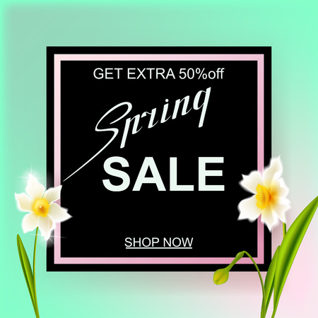 Advertisement about the spring sale on green background and daffodil narcissus flowers. Vector illustrationのイラスト素材