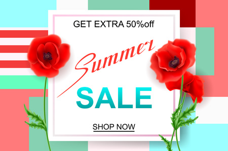 Advertisement about the summer sale on background with beautiful Poppy Flowers, Lettering, calligraphy. A seasonal discount. Vector illustration EPS10のイラスト素材