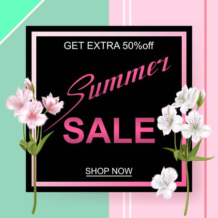 Advertisement about the summer sale on background with flowersのイラスト素材
