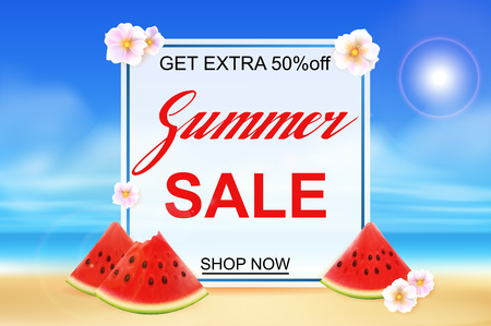 Summer sale banner design template. Seasonal discount advertisement on blury beach with fresh watermelon pieces and flowers. Vector illustrationのイラスト素材