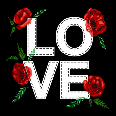 Embroidery poppies flowers. Patch for women's, girls' T-shirts. Vector illustration. Graphic tee.のイラスト素材