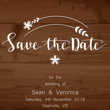Save the date card, wedding invitation on a wooden background and letters "Save The Date"のイラスト素材