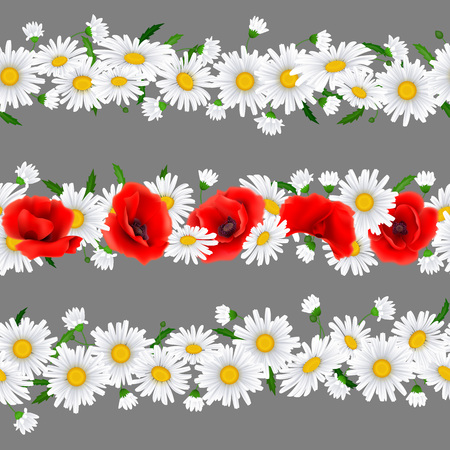 Horizontal Seamless pattern with Poppies and Chamomileのイラスト素材