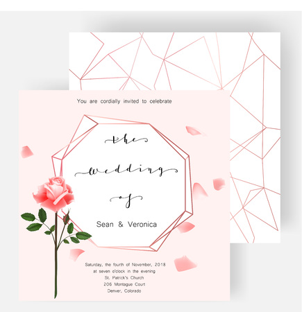 Save the date card, wedding invitation, greeting card with beautiful roses flowers and letters "The Wedding of". Set of card with flower, leaves and geometrical frame. Vector EPS10のイラスト素材