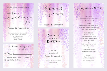 Save the date card, wedding invitation, greeting card with beautiful wisteria flowers and letters "Save The Date", "The Wedding of". Vector EPS10のイラスト素材