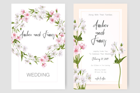 Save the date card, wedding invitation, greeting card with beautiful Alstroemeria flowers and letters "The Wedding of". Set of card with flower, leaves and geometrical frame. Vector EPS10のイラスト素材