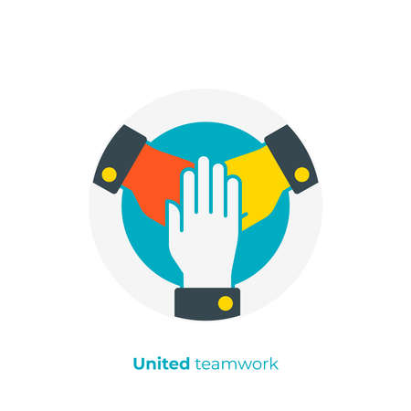 flat art united hands. Pile of arms. Team building. Scalable vector icon in modern flat style. cartoon elements vector illustration.のイラスト素材