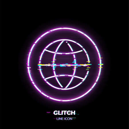 Globe line art vector icon. Outline symbol of world. Earth pictogram made of thin stroke. Glitched 80s cyber punk style.のイラスト素材