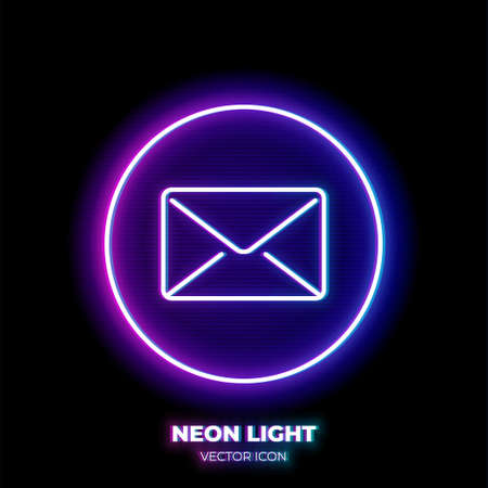 Email neon light line art vector icon. Outline symbol of post envelope. Communication pictogram made of thin stroke. Isolated on background.のイラスト素材