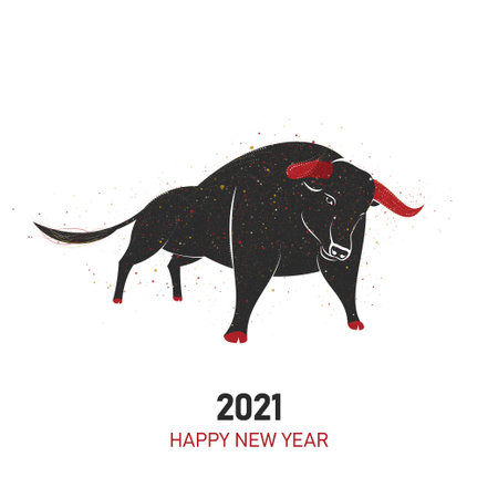 2021 Year of the Ox vector illustration black silhouette with red and gold particles on white background. New 2021 chinese year of the bull art in modern abstract style consists of colorful dotsのイラスト素材
