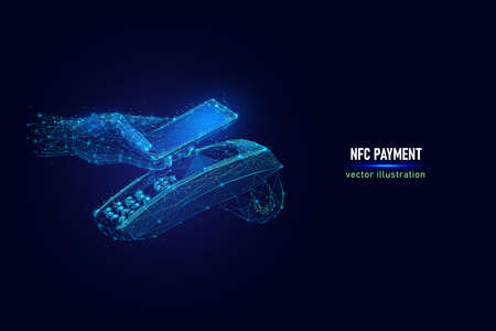 Customer hand paying using NFC technology with phone, contactless payment digital wireframe made of connected dots. NFC near field communication low poly vector illustration on blue background.のイラスト素材