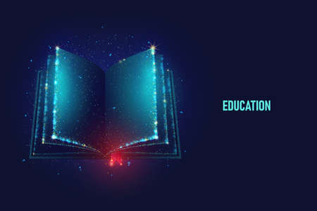 Open book vector illustration made of neon particles. Bright magic book art in modern abstract style consists of colorful dots.のイラスト素材