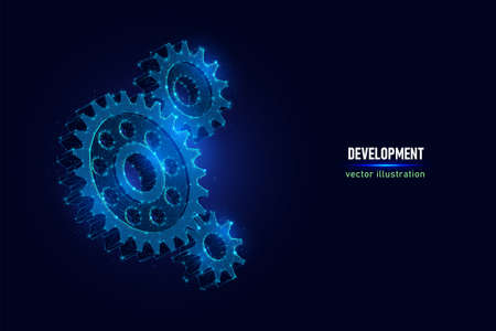 Three large cog wheels mechanism digital wireframe made of connected dots. Symbol of good teamwork and cooperation low poly vector illustration on blue background.のイラスト素材