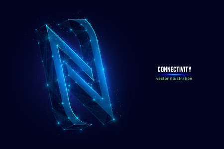 NFC sign of near field wireless communication technology digital wireframe made of connected dots. Symbol of nfc payment and communication low poly vector illustration on blue background.のイラスト素材