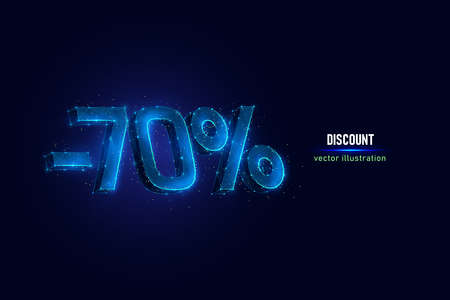 70 percent off digital wireframe made of connected dots. Holiday discount low poly vector illustration on blue background.のイラスト素材