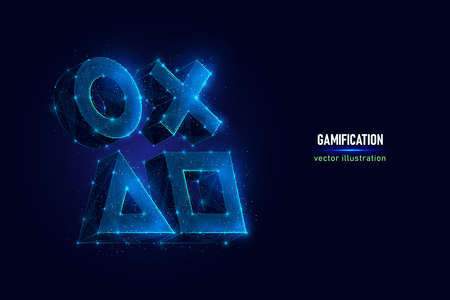 Gamification digital wireframe made of connected dots. Game mechanics in business low poly vector illustration on blue background.のイラスト素材