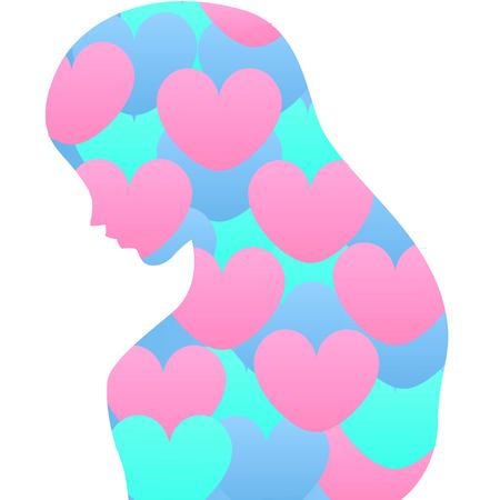 Vector double exposure illustration. Woman silhouette with blue and pink abstract hearts isolated on white backgroundのイラスト素材