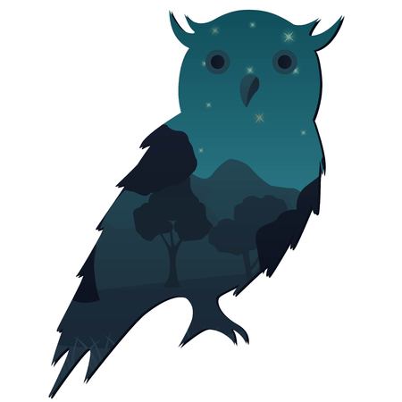 Owl with double exposure effect of a night nature,forest,mountains landscape isolated on white backgroundのイラスト素材