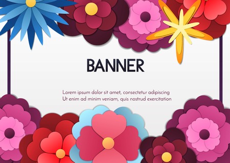 Vector banner,poster,invitation card design with flowers in paper cut, origami style. Vector illustrationのイラスト素材