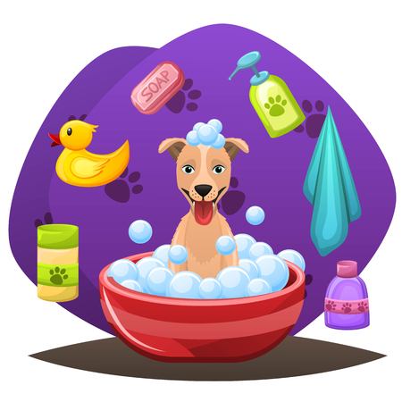 Animal grooming salon illustraion. Dog having bath in water with soap,shampoo and bubbles. Dog hair hygiene. Pet shop concept.Vector illustrationのイラスト素材