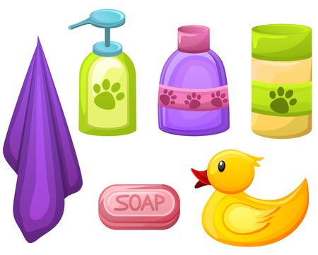 Set of pet,animal grooming object for pet salon. Soap, shampoo and other liquids in different colorful bottles, towel and duck for bath. Pet hygiene and pet shop concept.のイラスト素材