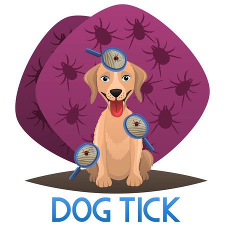 Tick on dog fur showed by magnifying glass. Dog veterinary issue. Vector illustrationのイラスト素材