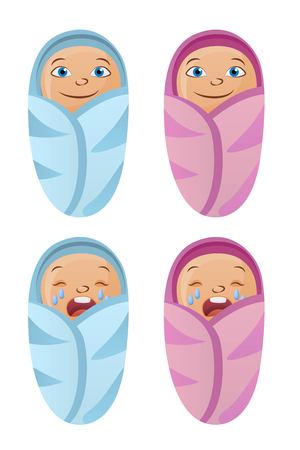Set of baby,toddler in different colored clothes. Emotional newborn, sad and crying and happy baby. Vector character design.のイラスト素材