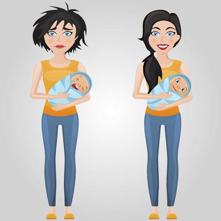 Set of emotional women in different clothes. Sad and happy mother with crying baby in hands. Simple shirt and jeans clothes. Same character with different hairstyles and emotions.のイラスト素材