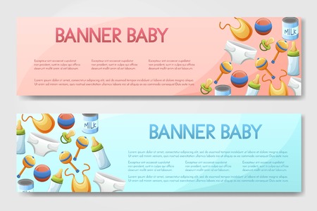 Set of 2 vector brochure, flyer, banner with baby care items isolated on background.のイラスト素材