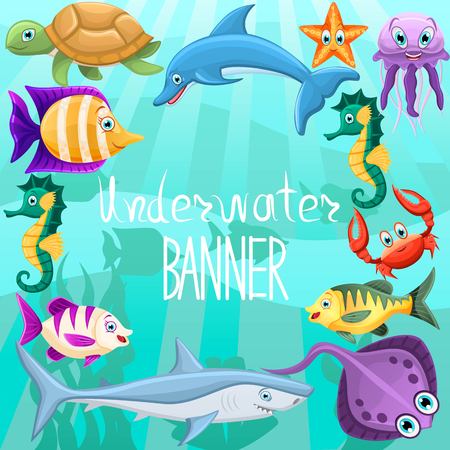 Vector banner design with underwater fauna.Text isolated in center. Concept with animals fishes,shark,dolphin,turtle,seahorse,crab,jellyfish. Underwater sea life. Vector illustration.のイラスト素材