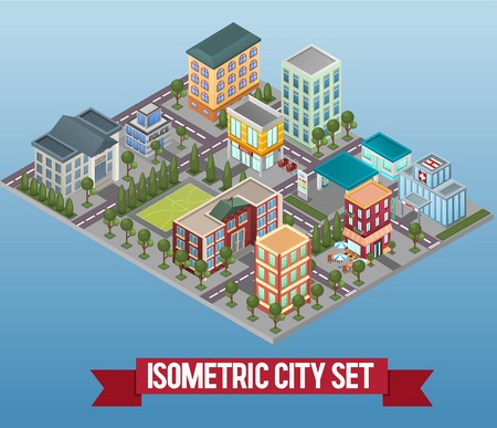 Vector isometric low poly city district with commercial public and private buildings. Big isometric set of infrastructure related items. Market, school,hospital, gas station, cafe and city hall.のイラスト素材
