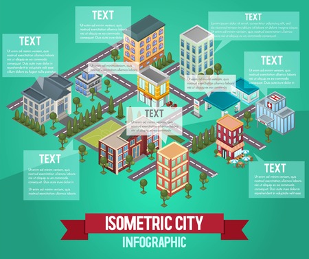 Isometric vector city infographic. Infochart isometric layout. City or town infographic template and elements. Vertical chart with icons and commercial and private building.のイラスト素材