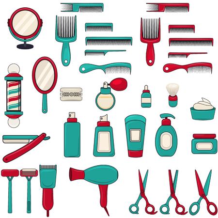 Set of barbershop equipment. Barbershop collection with with comb, scissors, oil,mirror,hairdryer, razor, shaving brush pole scissors bottle sprayのイラスト素材