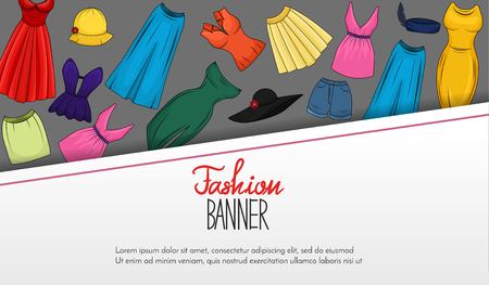 Fashion banner with women clothing and accesories in different colors.Boutique label concept. Shopping seasonal vector illustration.のイラスト素材