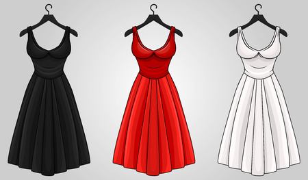 Set of retro woman dresses on hangers. Different color cartoon dresses. Collection of vintage dresses red, black, white .のイラスト素材