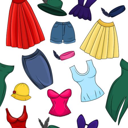 Vector seamless pattern with woman clothing. Colored dress, skirt, shirt and hats objects isolated on white background. Vector illustration.のイラスト素材