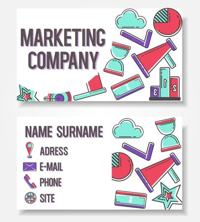 Vector modern colorful business card template set for marketing, SEO company. Front page and back page template with digital marketing, advertisement, promotional linear icons. Company identity. Vector illustrationのイラスト素材