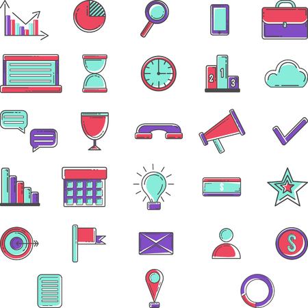Set of flat linear colorful icons of marketing, SEO, technology and management isolated on white background. Digital data and marketing, advertising flat symbols collection, elements for infographic.の写真素材