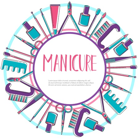 Round vector banner design with linear colored icons manicure equipment. Flat icons of scissors,nail file,polish,brush,cuticle nipper,orangewood stick. 3 colors nail care salon label. Vector illustration.のイラスト素材
