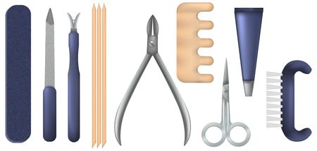 Set of realistic manicure objects. Mesh gradient object of scissors,nail file,clipper, polish, brush, cuticle nipper. Vector nail care collection. Spa salon. Vector illustrationのイラスト素材