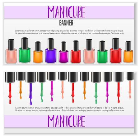 Set of 2 brochure design with realistic manicure nail polish bottles. Salon, shop advertisement concept. Template for flyer, magazine, poster,cover, banner,greeting card,invitation.のイラスト素材