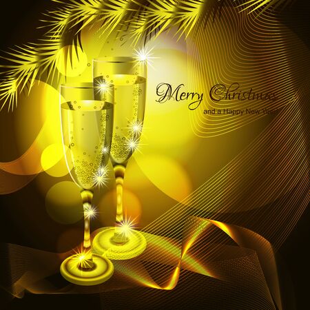 Christmas Golden background with glasses of champagne.のイラスト素材