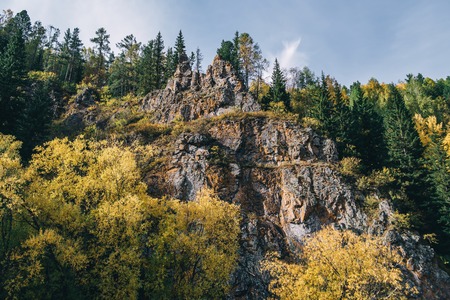 Autumn landscape. Forest, river, stones, rock, leaves.の写真素材