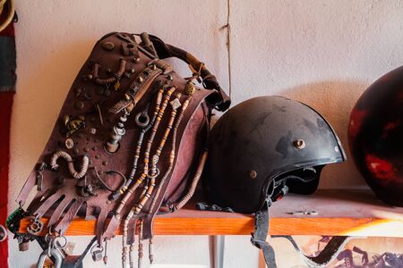 Motorcycle, Biker wear jeans suit hold helmet and retro background.の写真素材