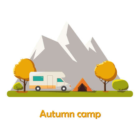Autumn Camping vector flat illustration landscape, hiking, outdoor recreation concept with flat camping travel icons. Travel tourism rest vacation near mountains in forest, nature weather concept template.のイラスト素材
