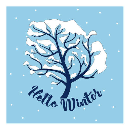 Hello Winter Hello Winter inscription Greeting card background with fir tree, reindeer, realistic snowfall and decorative elements.のイラスト素材